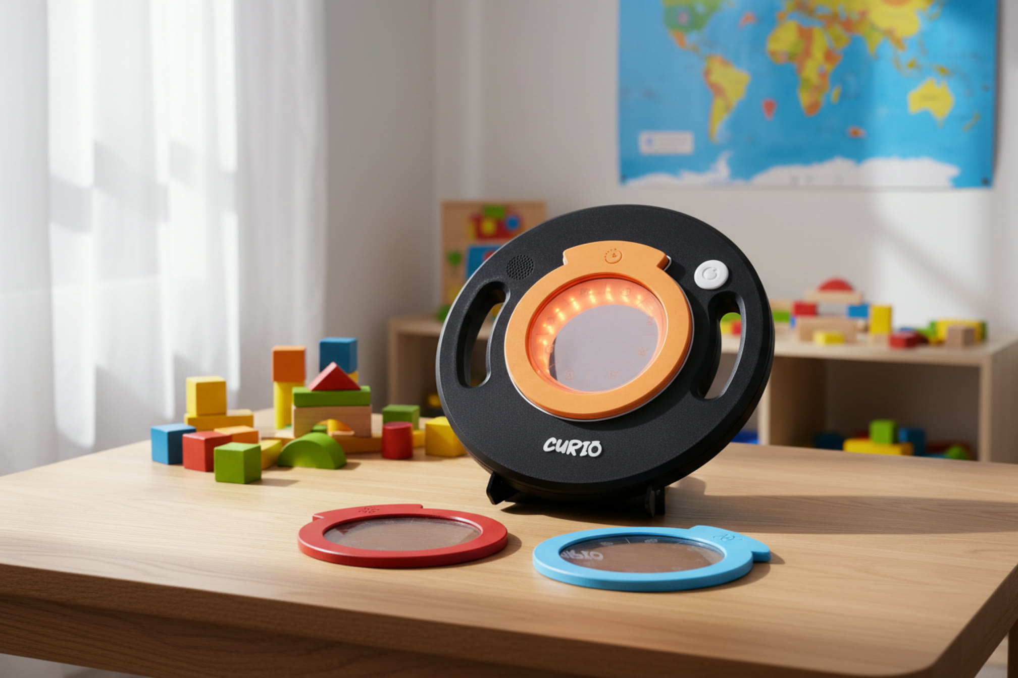 The finished Curio on a wooden table in a children’s room, its orange lens on and the red and blue lenses beside it