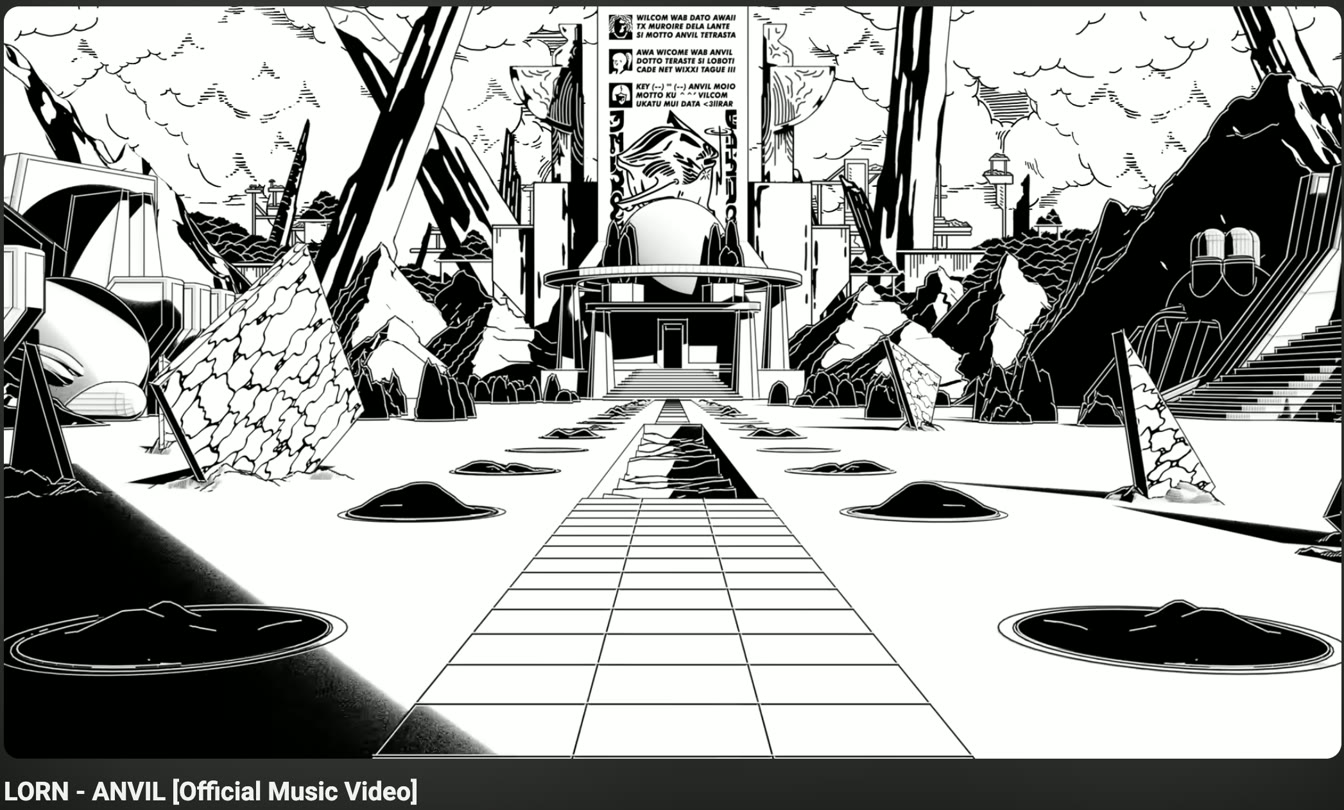 A still from Anvil by Lorn: a black and white line-drawn city with a road running to the horizon.