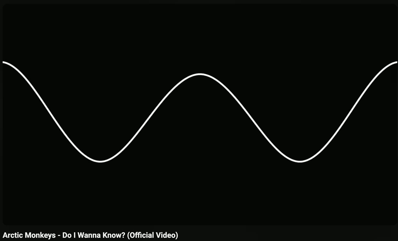 A still from Do I Wanna Know? by Arctic Monkeys: one white sine wave on black.