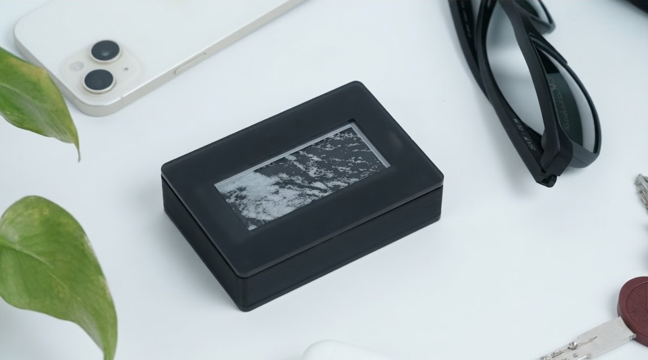 Remora, a small black e-ink device, lying next to a phone and a plant