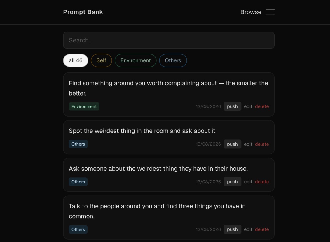 Screenshot of the Remora prompt bank web app listing prompts tagged Self, Environment and Others