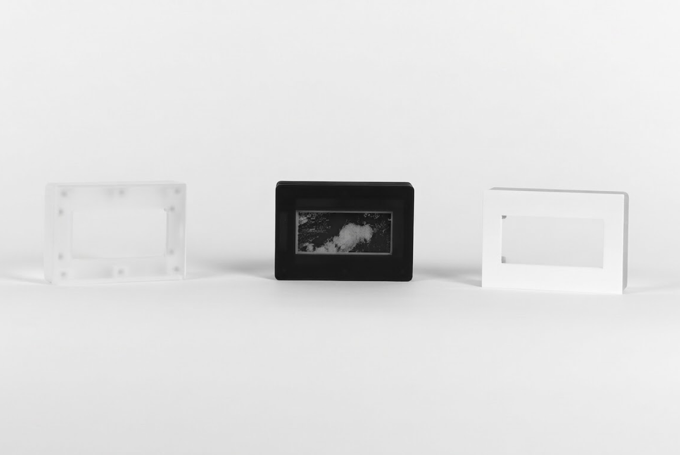 Three Remora frames side by side, in clear, black and white
